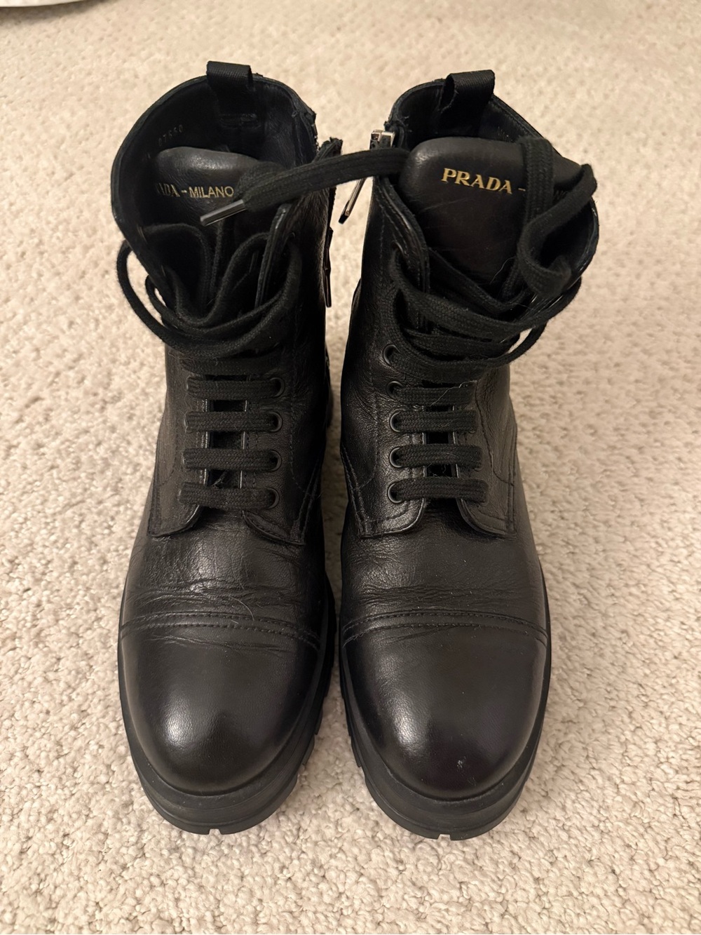 Prada Black Leather Combat Ankle Boots Lace Up Side Zip Lug Sole IT 36.5